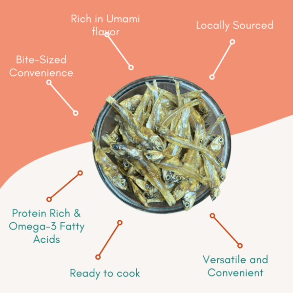 infographics dry anchovy fish in a bowl, ZestBites product