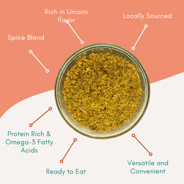 infographic ZestBites dry tuna fish Chutney Powder in a transparent glass bowl.