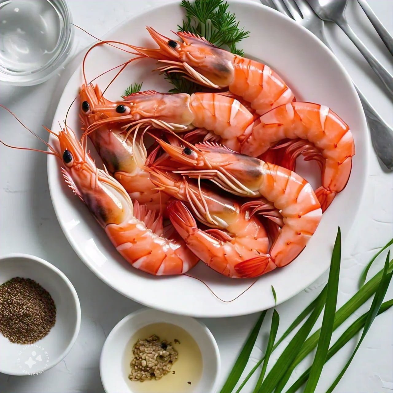 A delicious serving of prawns, freshly cooked and garnished, on a white plate.