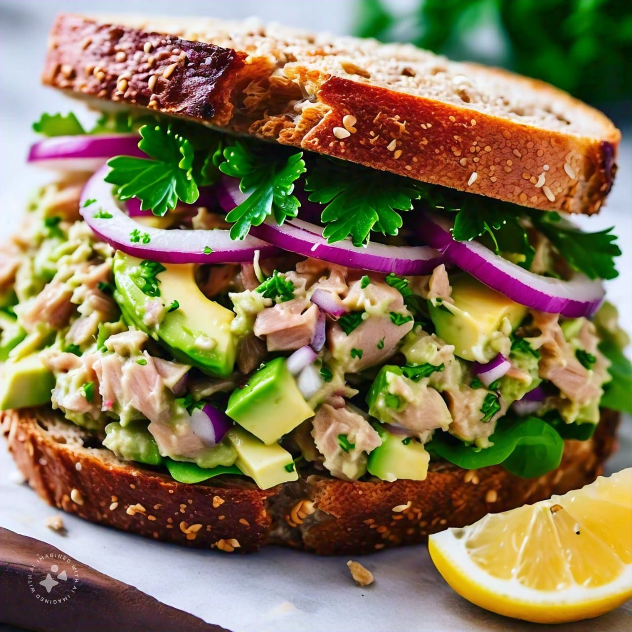Tuna Fish Salad with Avocado: A Delicious and Nutritious Treat 1 Tuna fish salad with avocado, red onion, and parsley, served on whole grain bread, with a lemon wedge on the side