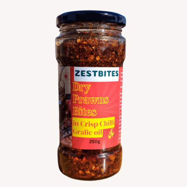 a jar of Dry Prawns Crisp Chilli Garlic Oil food with a label