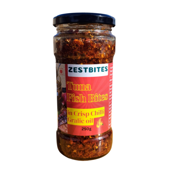 ZestBites Tuna Fish Crisp Chilli Garlic Oil in glass jar