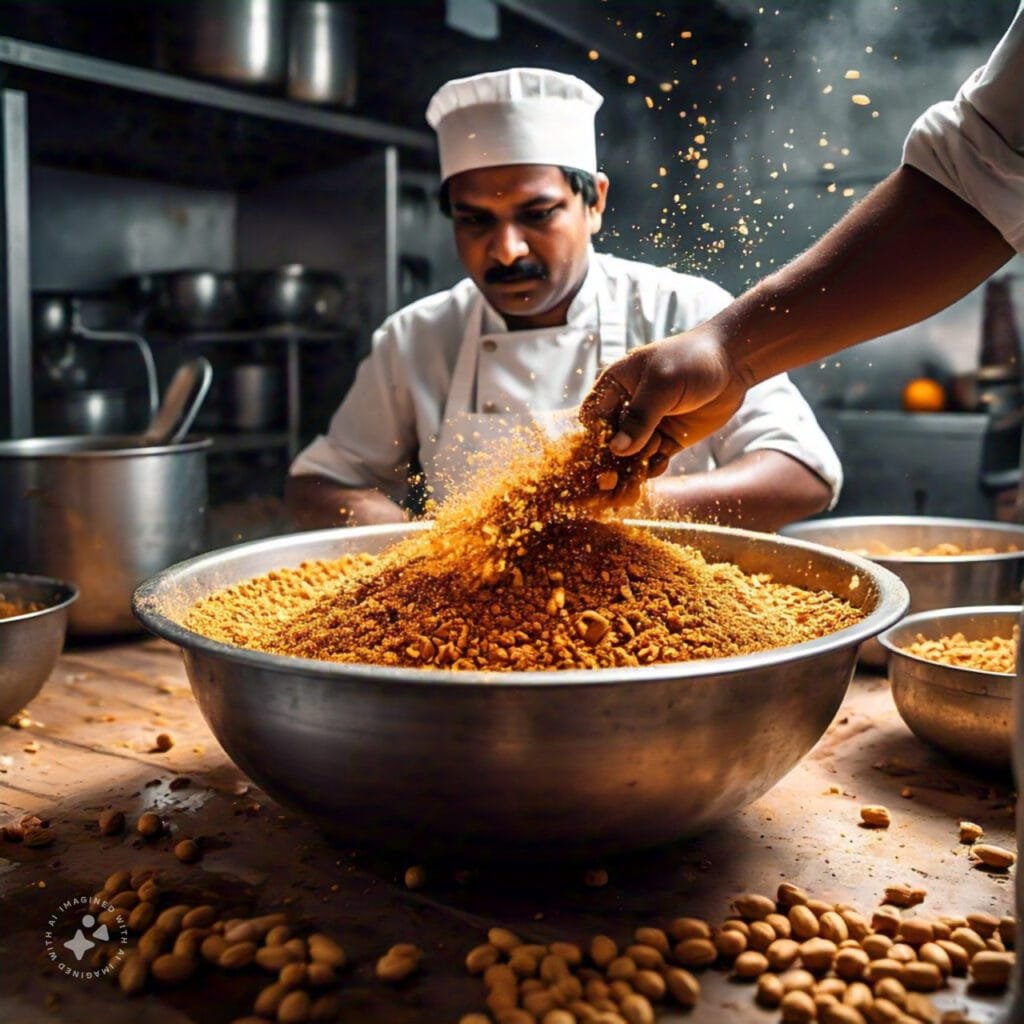 mixing crused peanuts with jaggery syrup