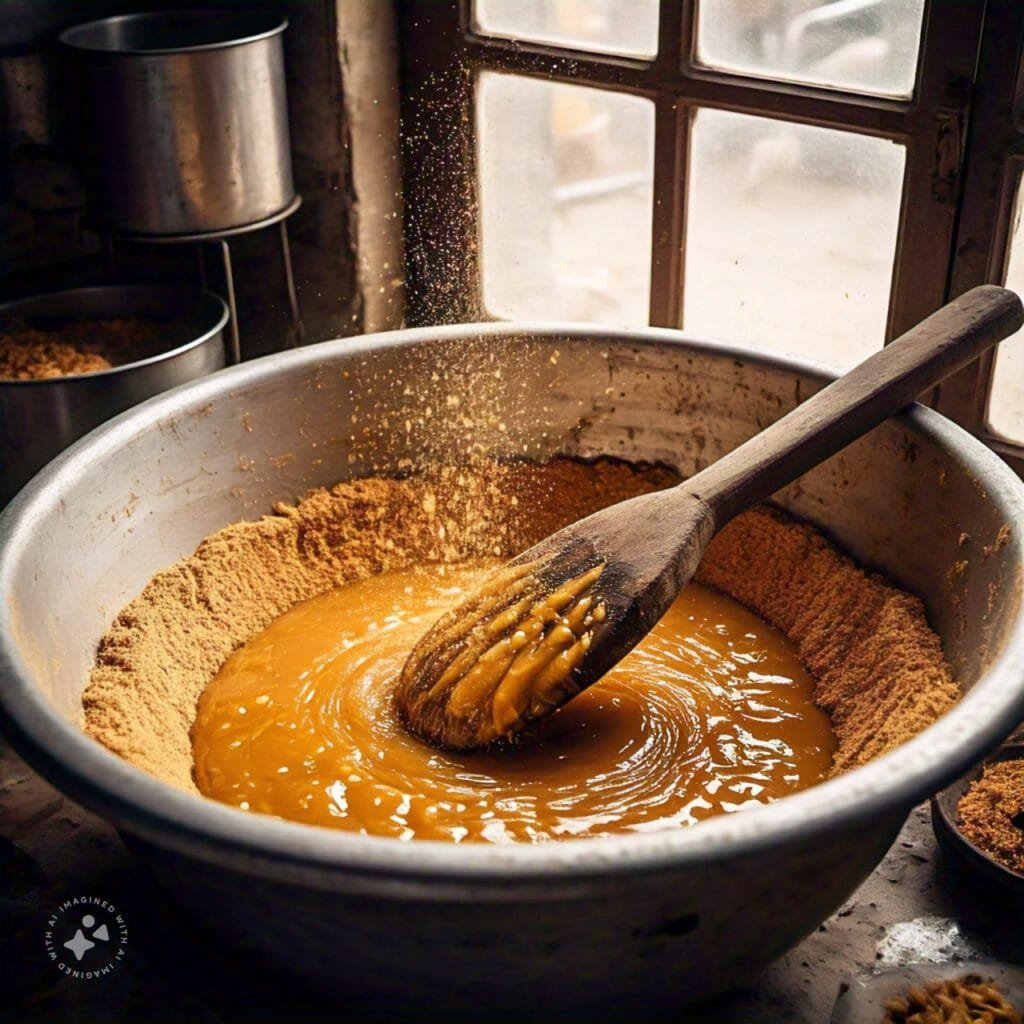 a bowl of brown liquid with a wooden spoon