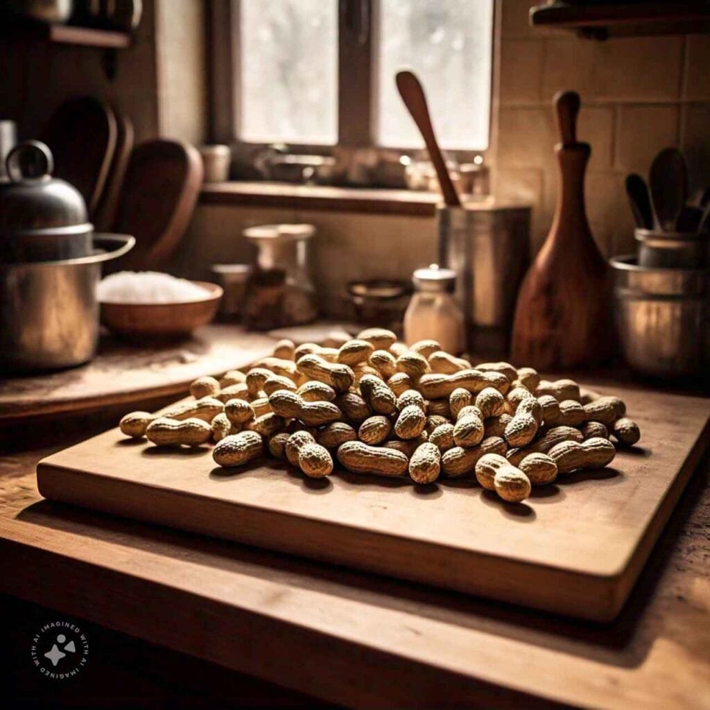 a pile of peanuts on a cutting board Jaggery Peanut Chikki