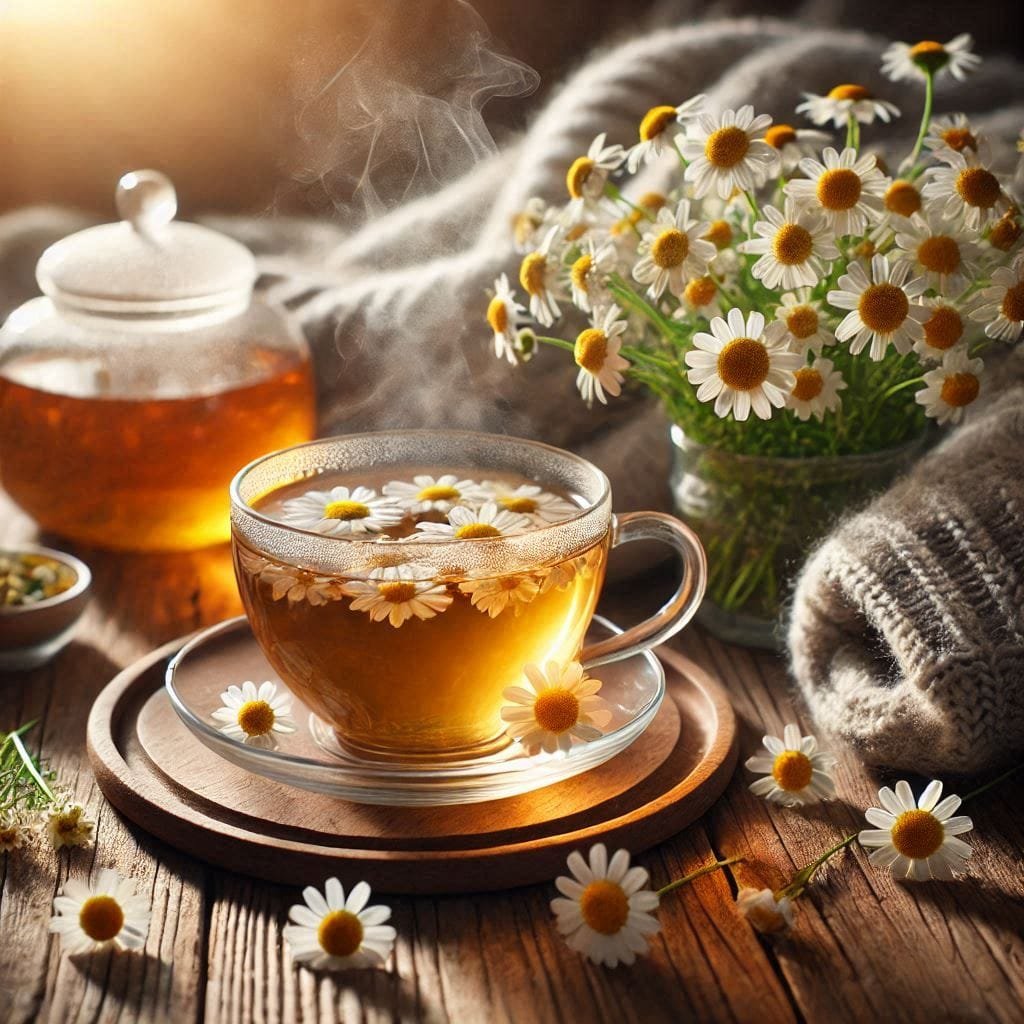 5 Teas That Are Effective Winter illness remedies 4 a cup of Chamomile tea with flowers and a jar of honey