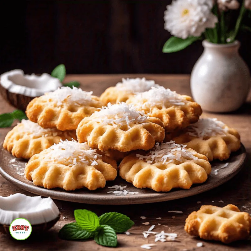 a plate of Coconut Waffle Cookies with coconut flakes