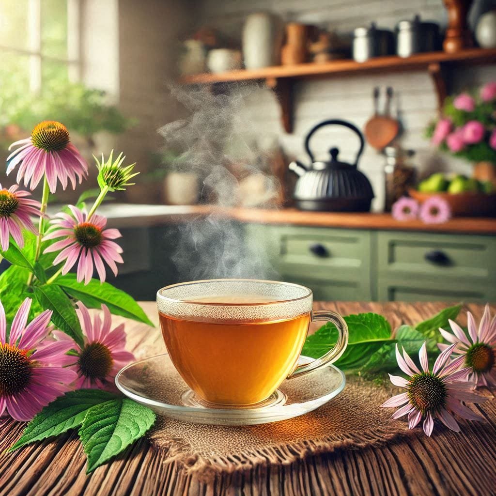5 Teas That Are Effective Winter illness remedies 5 a cup of echinaceawith steam and flowers on a table