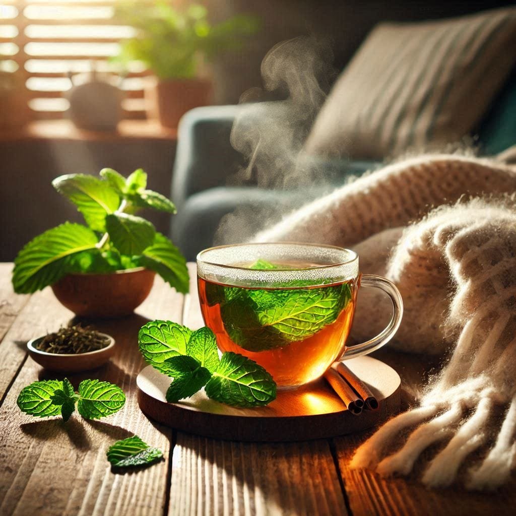 5 Teas That Are Effective Winter illness remedies 3 a cup of Peppermint tea with leaves and a blanket on a table