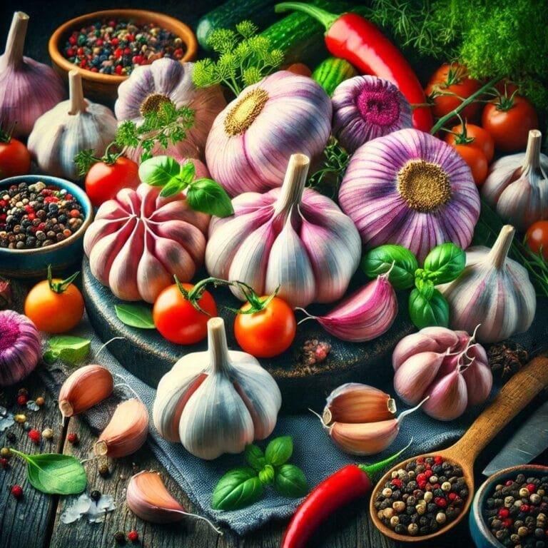 a group of vegetables and garlic and spices on a table