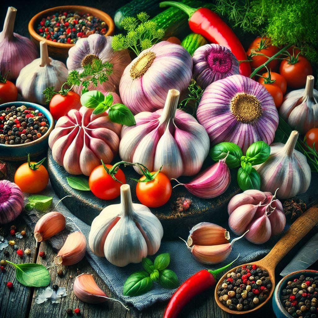 The Mighty Garlic: A Culinary and Health Wonder 1 a group of vegetables and garlic and spices on a table
