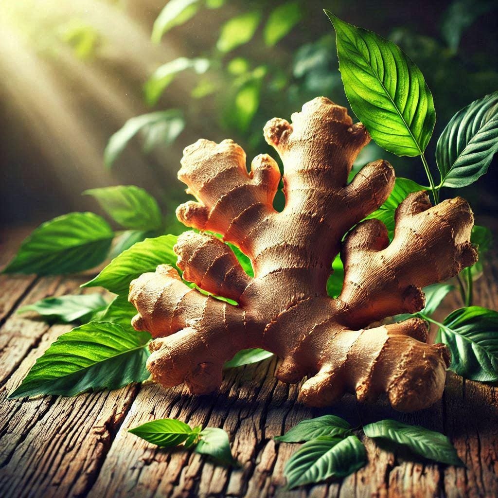 A Comprehensive Guide to Ginger: History, Benefits, and Uses 1 a ginger root with leaves on a wood surface