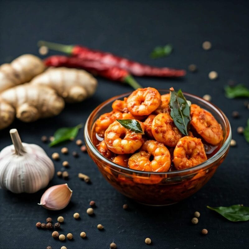 a bowl of zestbites Prawn pickle with spices and herbs