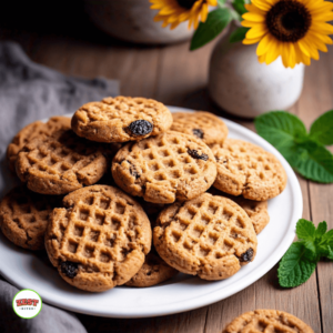 a plate of ZestBites waffle Oatmeal Raisin Cookies and sunflowers