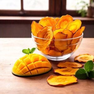 a bowl of fruit next to a dried mango slices