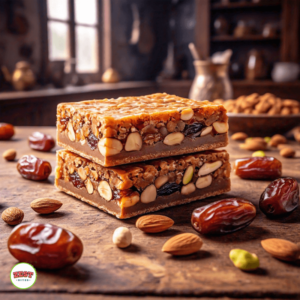 a stack of dry fruit chikki bars on a table