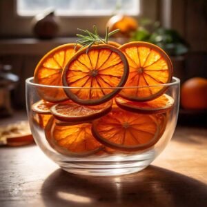 sun dried orange slices in glass bowl