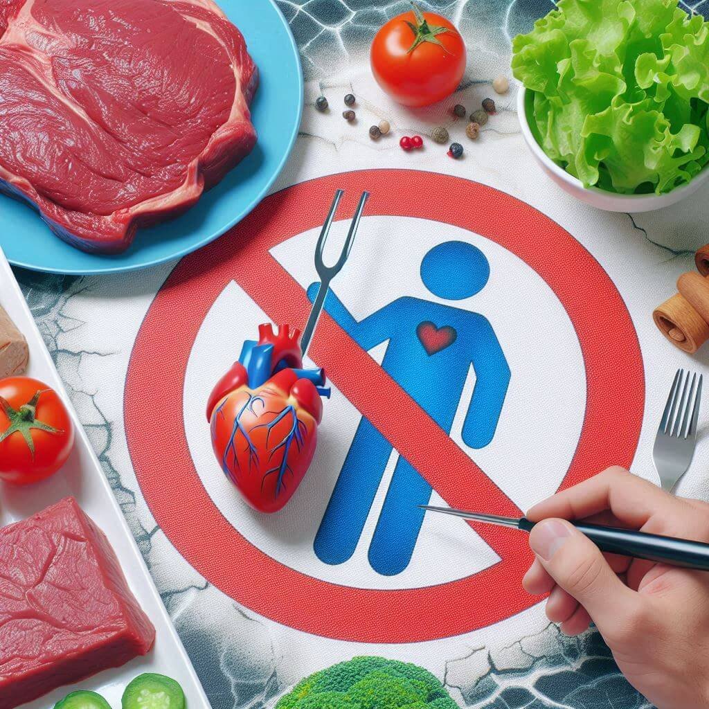 a hand holding a pen over a sign with meat and vegetables