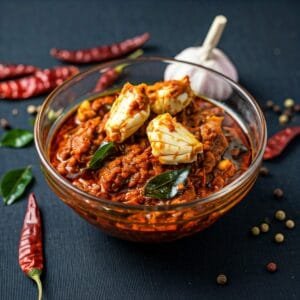 a bowl of zestbites Crab pickle with spices and herbs