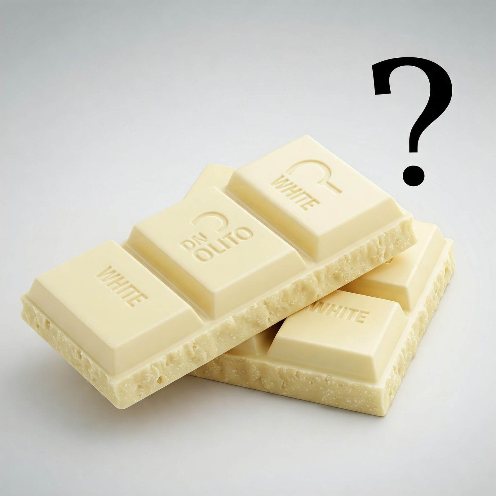 a white chocolate bar with a question mark of white chocolate is not actually chocolate