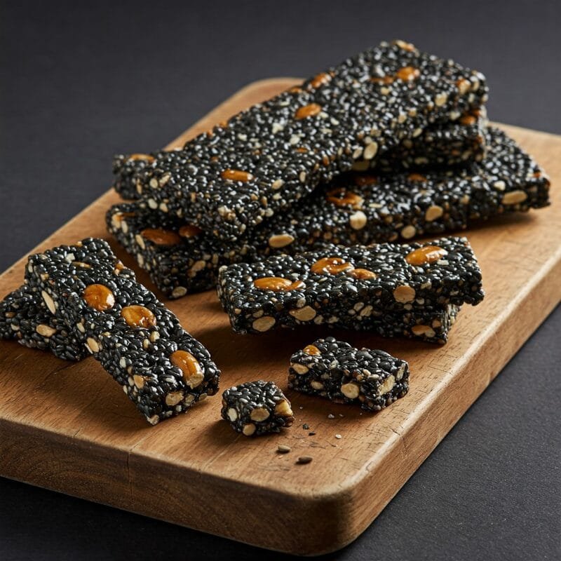 a group of zestbites black sesame chikki bars on a wooden board