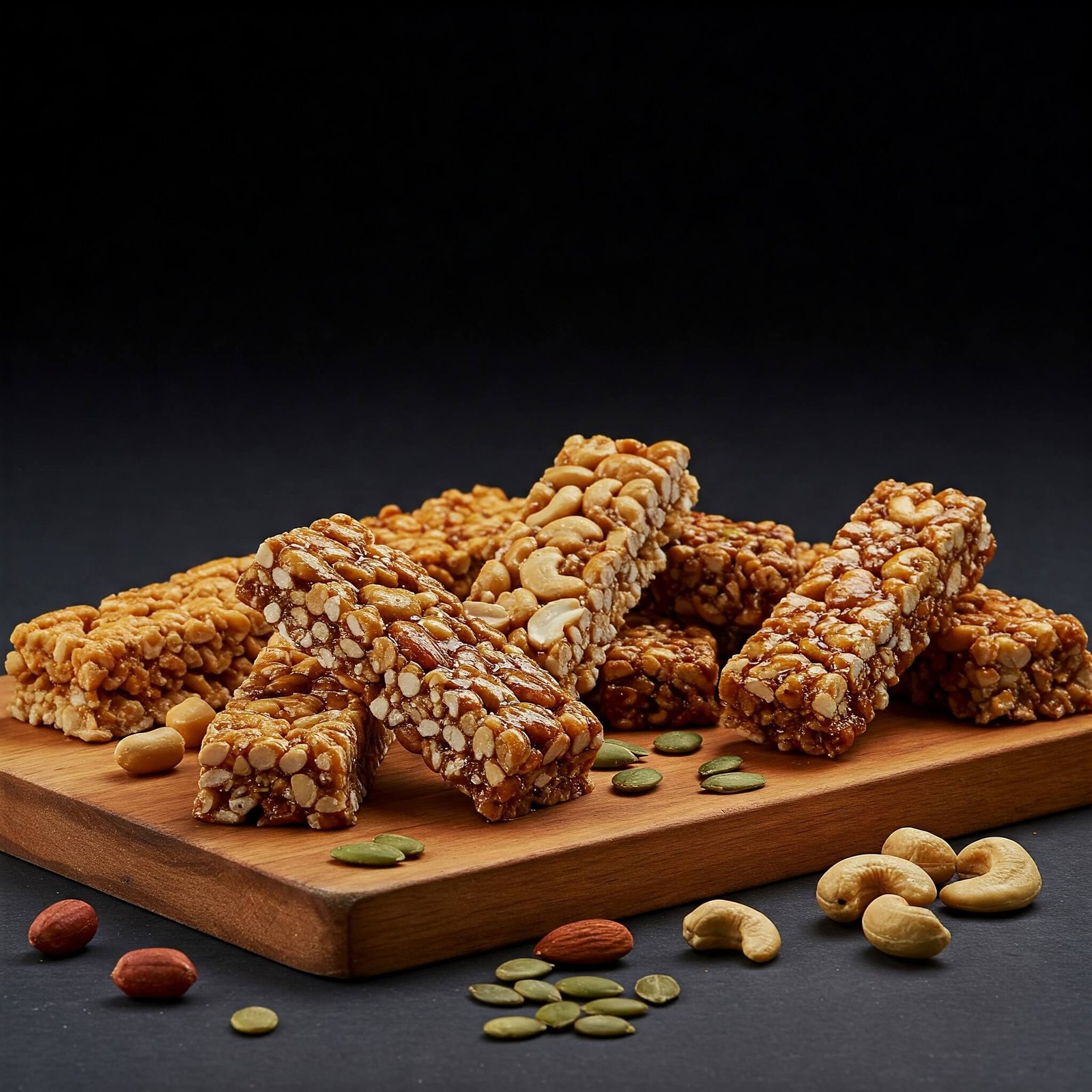 A studio-lit image shows an assortment of nut bars arranged on a rustic wooden board. The bars include peanut and jaggery, a dry nut mix, cashew and almond, and pumpkin seeds. The lighting highlights the textures and natural colors of the ingredients.