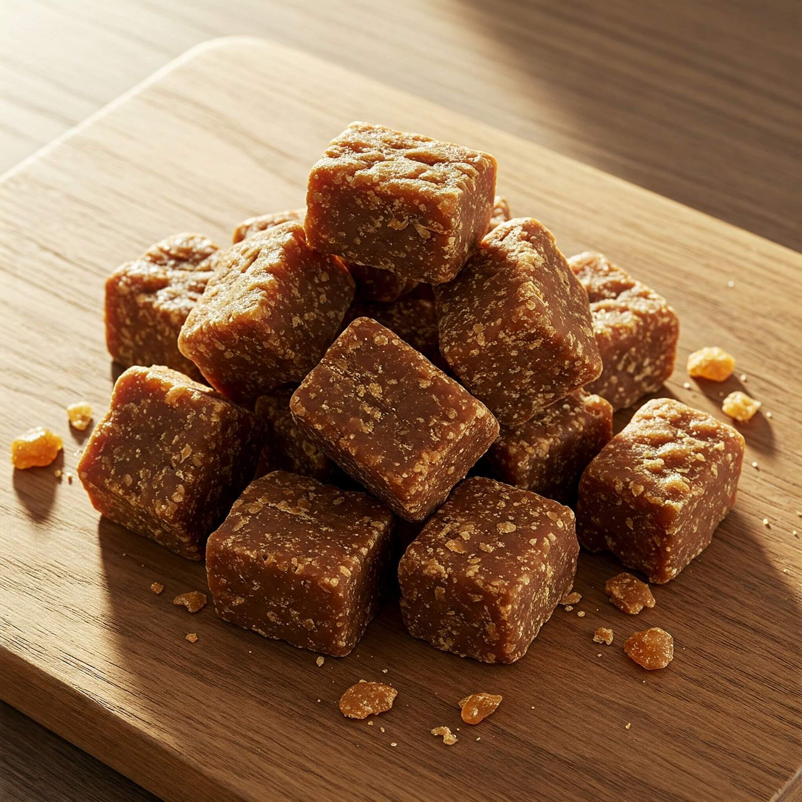 Ingredients 1 Handmade country jaggery on wooden table