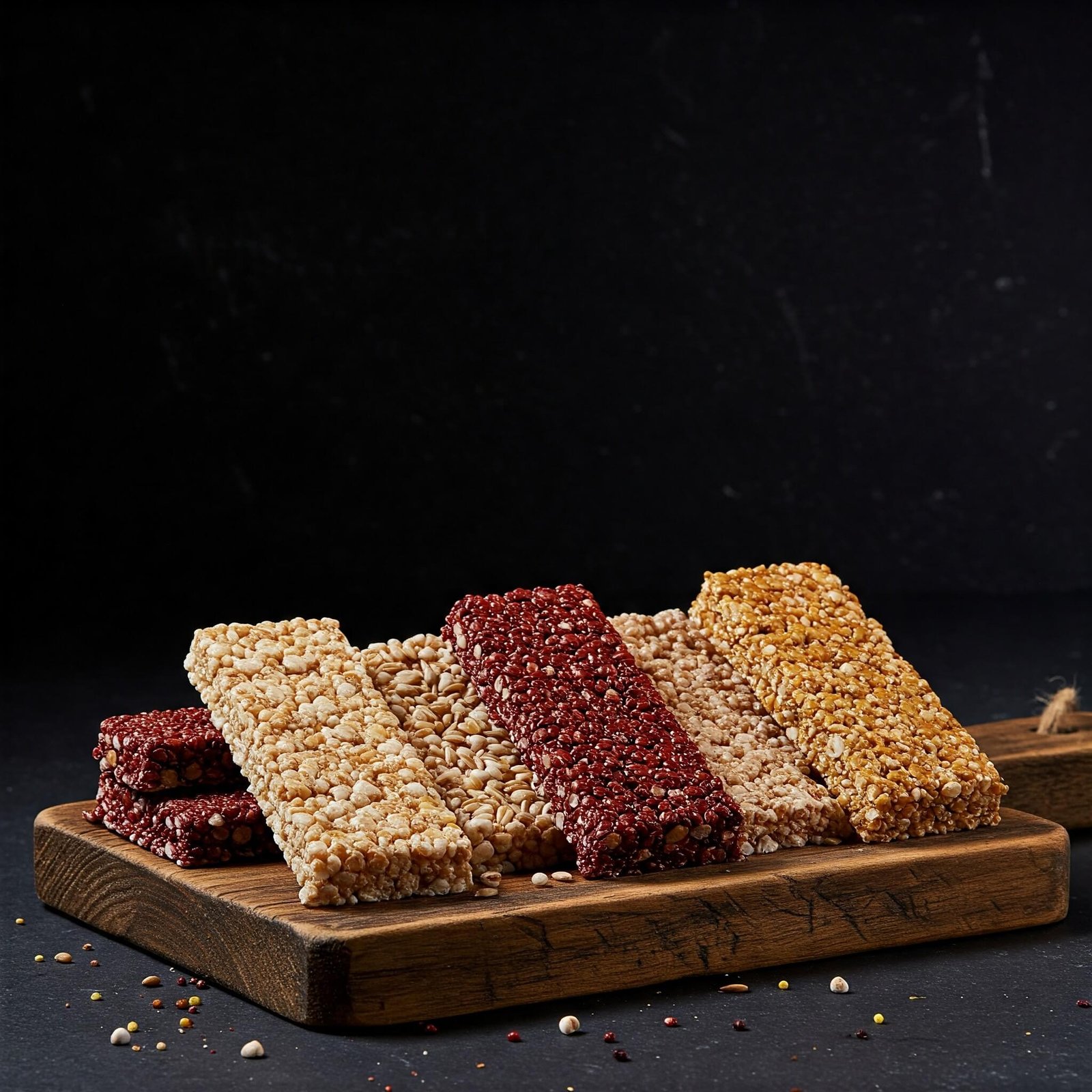 A studio-lit image displays an assortment of millet bars, including ragi, jowar, and foxmillet varieties, neatly arranged on a rustic wooden board against a dark background.