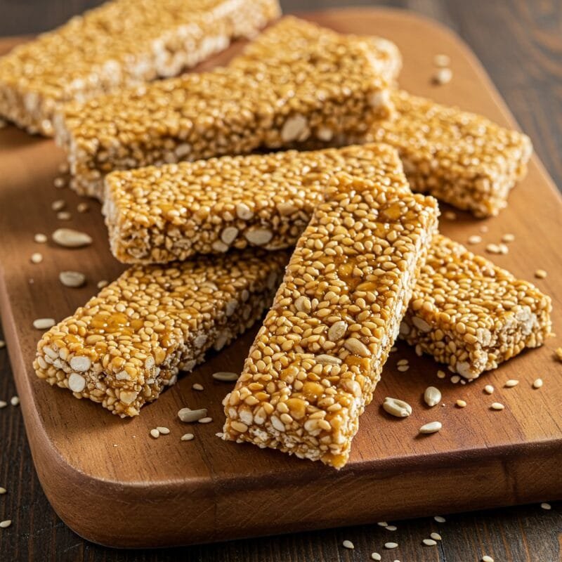 Stacked zestbites sesame chikki brittle bars on a wooden board.