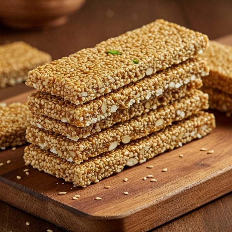 Stacked zestbites sesame chikki brittle bars on a wooden board.