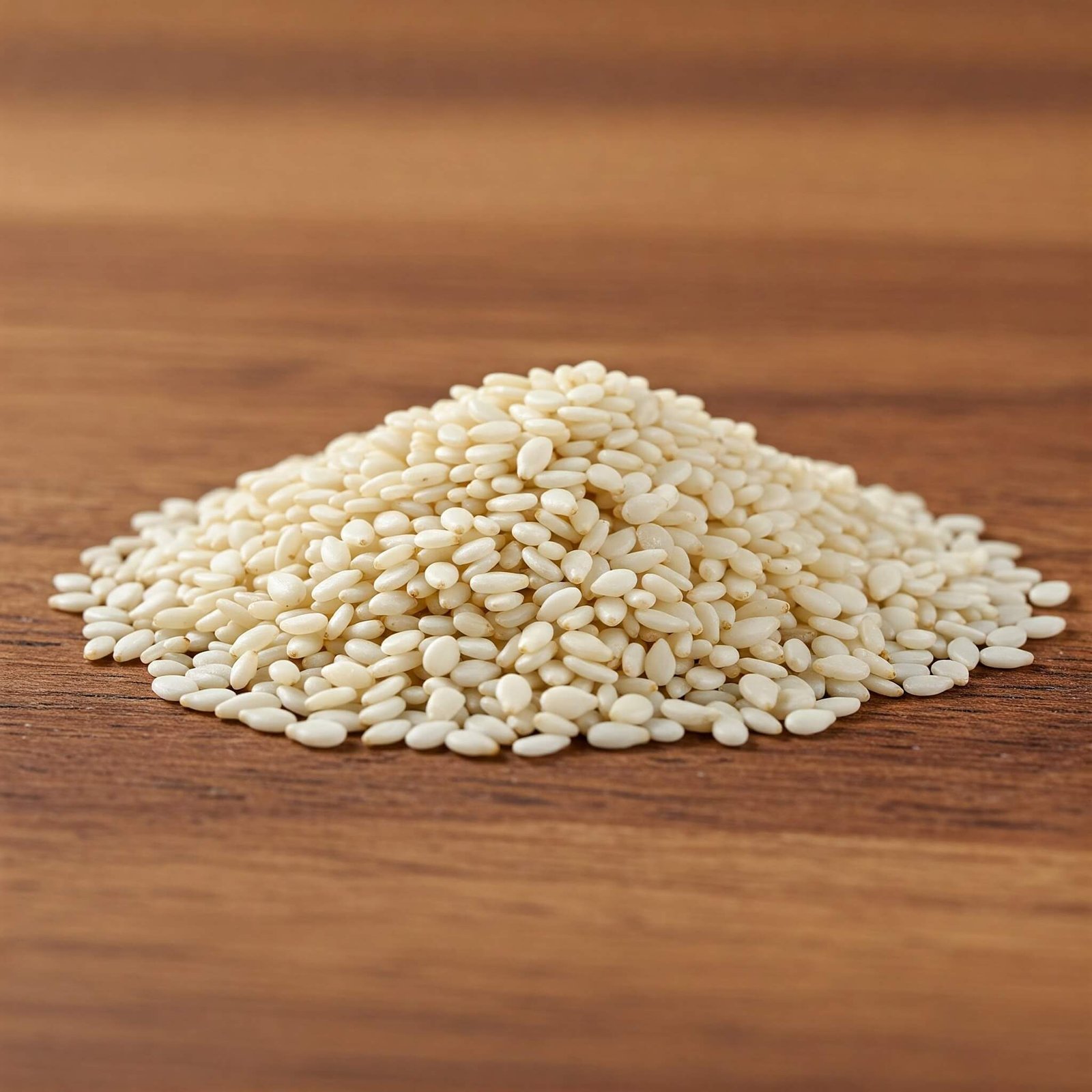 Ingredients 10 Sesame seeds white on wooden table