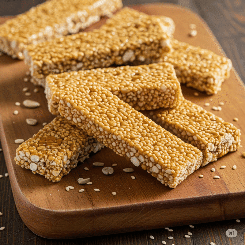 Stacked zestbites sesame chikki brittle bars on a wooden board.