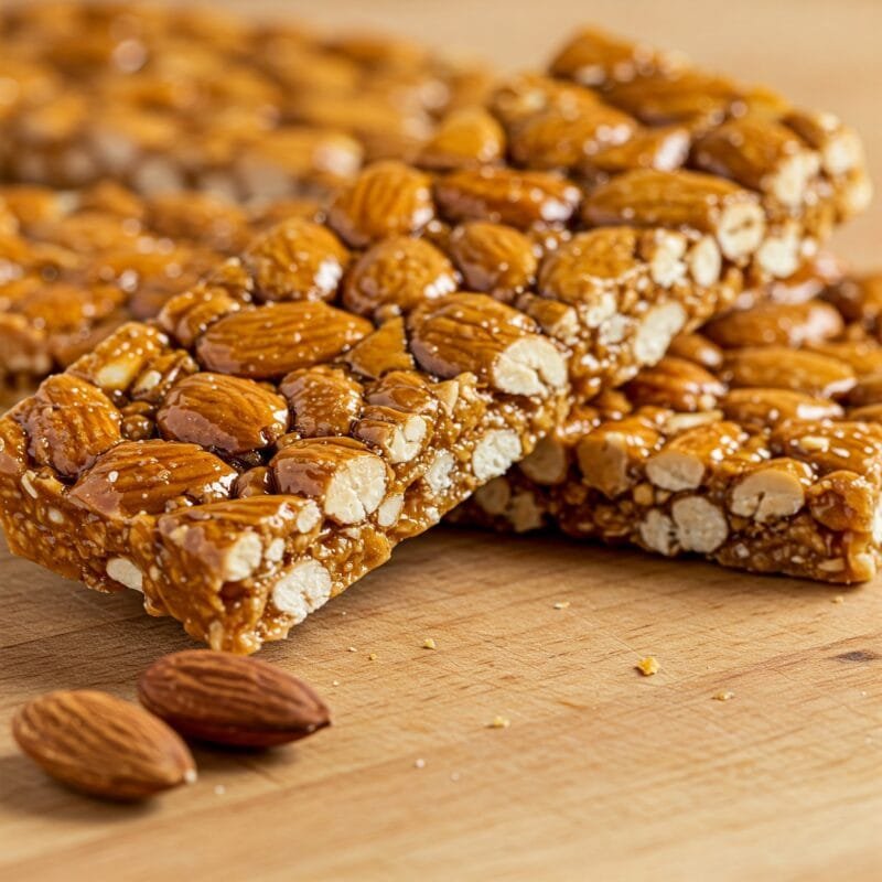 zestbites almond chikki bars on wooden board