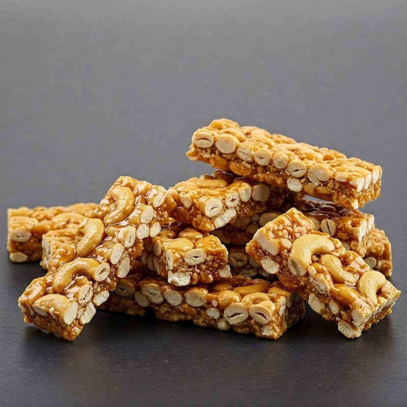 a stack of zestbites cashew chikki bars on a wooden board