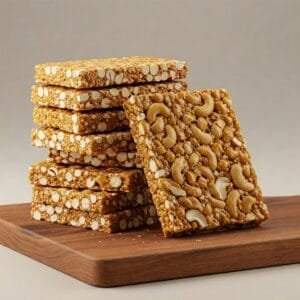 a stack of zestbites cashew chikki bars on a wooden board