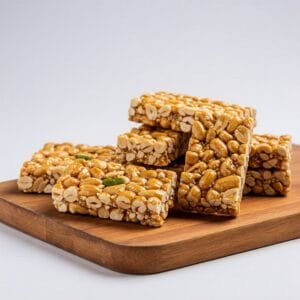 A stack of Zestbites peanut chikki squares on a wooden board under studio lighting.