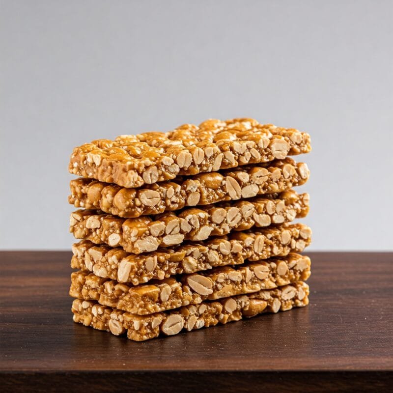 Several rectangular peanut chikki pieces are stacked neatly on top of each other on a brown wooden surface, illuminated by a bright studio light against a plain background.