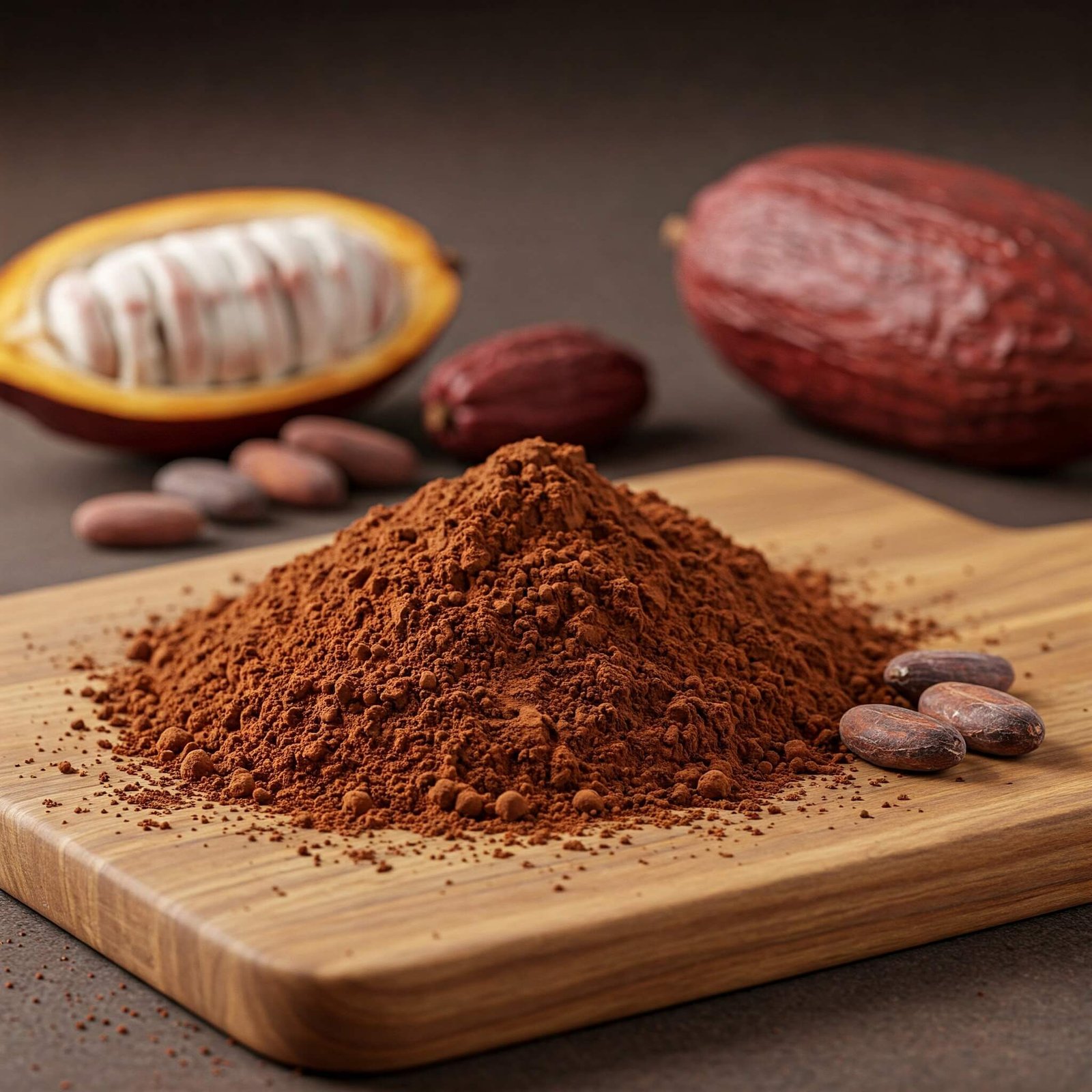 Ingredients 3 cocoa powder on wooden board
