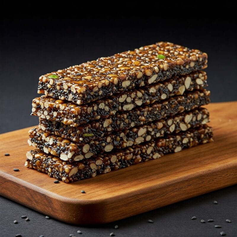 a group of zestbites black sesame chikki bars on a wooden board