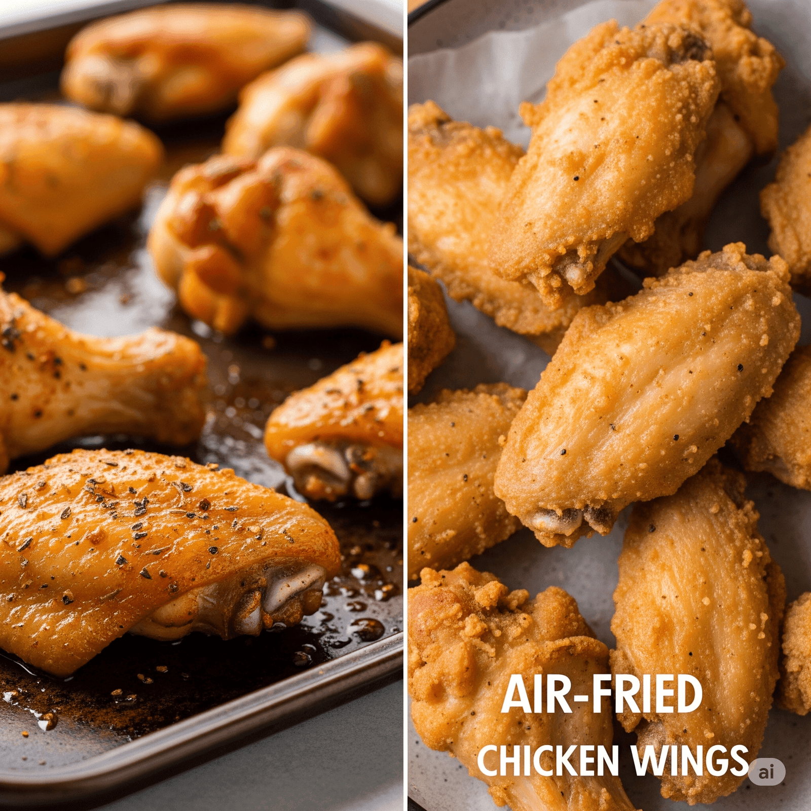 Oven baked vs air fried chicken wings: which is better? 1 image of Oven-Baked Chicken Wings on one side and Air-Fried Chicken Wings on the other side