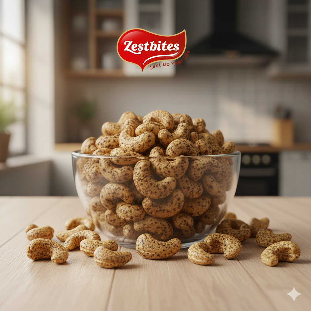 ZestBites Premium Spiced Black Pepper Cashews| 200g 1 A close-up product shot of 'Black Pepper Cashews' in a glass serving bowl. The cashews are whole and dusted with black pepper flakes. A brand logo is visible in the top portion of the image.