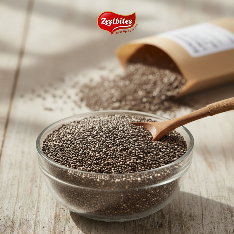 Premium Raw Chia Seeds | 250g 1 Bowl of chia seeds with a spoon, spilling from a bag, Zestbites brand.