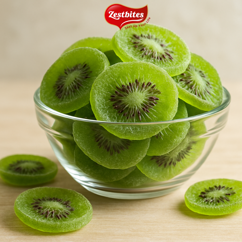 glass bowl of Dried Kiwi Slices
