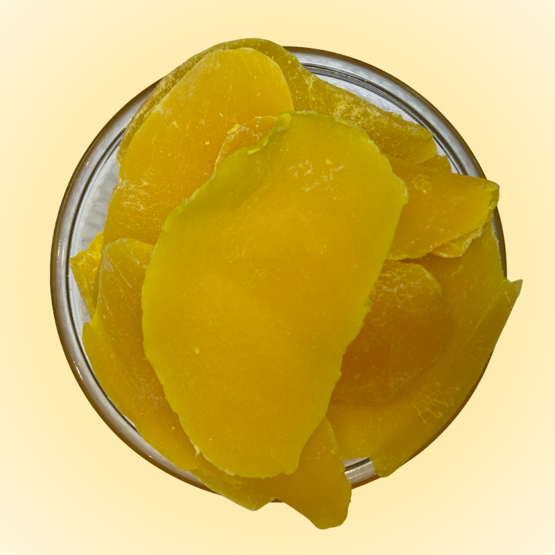 clear glass bowl of Premium Dried Mango Slices