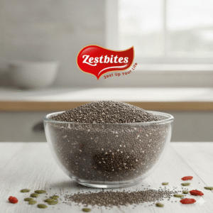 A close-up of a clear glass bowl filled with 'Raw Chia Seeds'. The bowl is centered on a light surface, and a product logo is overlaid near the top center of the image.