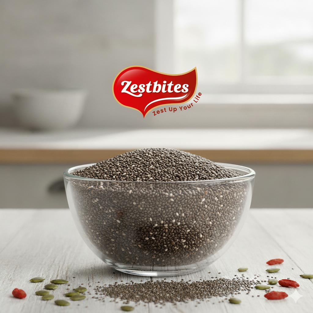 Premium Raw Chia Seeds | 250g 3 A close-up of a clear glass bowl filled with 'Raw Chia Seeds'. The bowl is centered on a light surface, and a product logo is overlaid near the top center of the image.