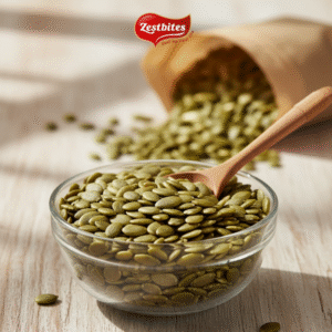 Pumpkin Seeds Buy Online: A vibrant, close-up product image featuring shelled, green pumpkin seeds (pepitas). A clear glass bowl in the foreground is full of the seeds, with a small wooden spoon resting inside. In the background, a brown paper bag is tilted, showing more seeds spilling out onto a light wooden surface. The "Zestbites" logo is visible at the top.