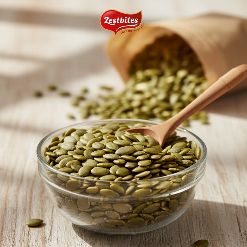 Premium Pumpkin Seeds | 250g 1 Pumpkin Seeds Buy Online: A vibrant, close-up product image featuring shelled, green pumpkin seeds (pepitas). A clear glass bowl in the foreground is full of the seeds, with a small wooden spoon resting inside. In the background, a brown paper bag is tilted, showing more seeds spilling out onto a light wooden surface. The "Zestbites" logo is visible at the top.