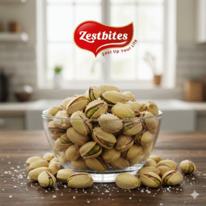 A transparent glass bowl filled to the brim with whole, shelled, and Salted Pista (pistachios). The pistachios are a vibrant green color, and a fine layer of white salt is visible on the nuts. This is a clear product image.