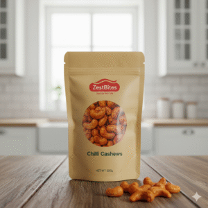 ZestBites Chilli Cashews A product image showing a stand-up pouch of ZestBites Chilli Cashews. The pouch has a clear window revealing the vibrant red-spiced cashews inside, and the ZestBites logo is prominently displayed on the top center of the packaging.